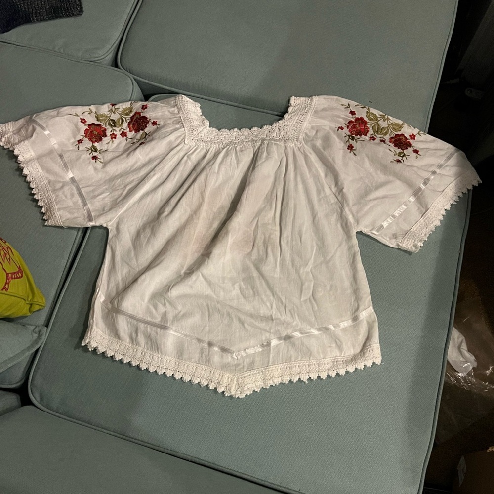 Authentic Made In Greece Embroidered White Lace Cotton Woman’s Shirt (Size -1) - Picture 3 of 4